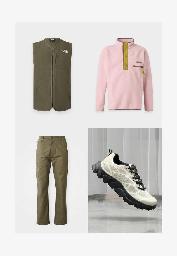 Oliveenvihreä hihaton vetoketjuliivi pyöreällä kauluksella ja valkoisella The North Face -logolla vasemman rinnan yläosassa.; Vaaleanpunainen fleece-pusero korkealla kaulaosalla, keltaisella painonappilistalla ja vetoketjullisella rinnataskulla, jossa keltainen vetoketjun vetonuppi.; Khaaki cargo-housut, jotka on valmistettu kestävästä puuvillakankaasta. Niissä on sivutaskut, suorat lahkeet ja vetoketjuluukku nappikiinnityksellä.; Vaalean beige ja musta maastohiihtokenkä, jossa on karhea pohja, hengittävä verkkopäällinen ja vetotappi kantapäässä, näkyy leijumassa marmorialustalla.