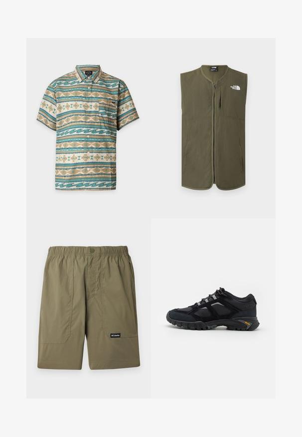 Veste sans manches vert olive à fermeture éclair avec col rond et logo blanc The North Face sur la poitrine en haut à gauche.; Chemise à manches courtes boutonnée avec des rayures horizontales turquoise, beige et blanches présentant des motifs géométriques et ondulés et une poche poitrine gauche.; Shorts taille élastique de marque Columbia, couleur vert olive, avec poches avant et fermeture par bouton, sur un fond clair.; Chaussure extérieure noire en daim et en maille avec une semelle robuste. Présente des accents gris et une marque Vibram sur le côté. Design à lacets.