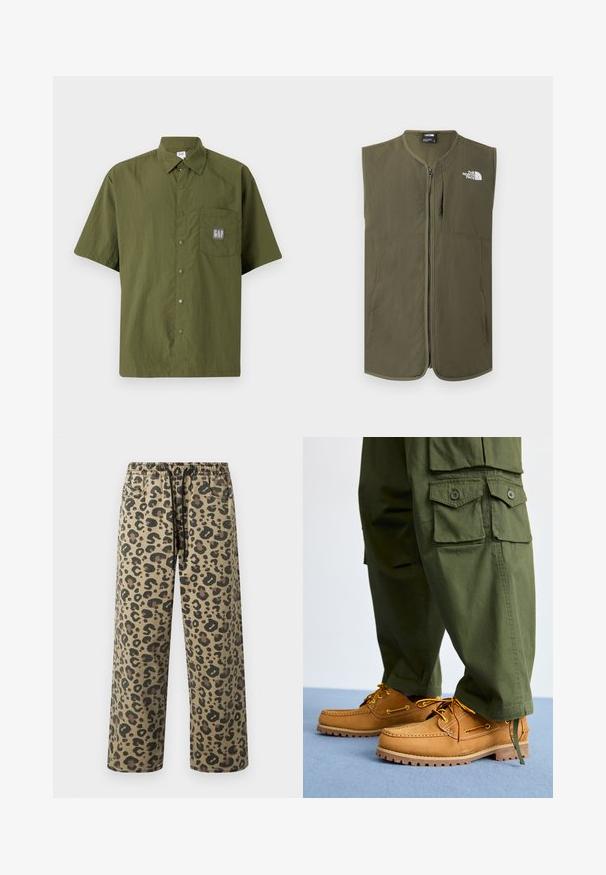 Ærmeløs olivengrøn vest med lynlås, rund krave og hvidt The North Face-logo på øverste venstre bryst.; Kortærmet skjorte i olivengrøn stof med knap-ned krave, prydet med en brystlomme med et gråt GAP-logo patch.; Leopardmønstrede bukser i tan- og brune farver med elastik i taljen og snøre, sidelommer og en afslappet pasform.; Timberland AUTHENTIC 3 EYE - Sejlersko - wheat