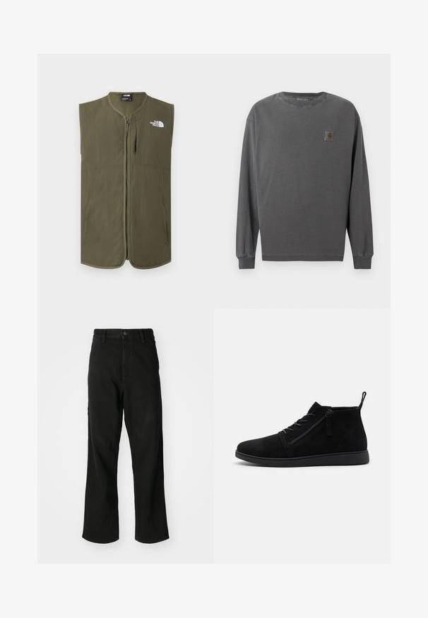 Ærmeløs olivengrøn vest med lynlås, rund krave og hvidt The North Face-logo på øverste venstre bryst.; Langærmet skjorte i mørkegrå bomuld. Har rund hals, elastiske manchetter og en lille firkantet logo-patch på venstre bryst.; Sort lige ben jeans med knaplukning, bæltestropper og forlommer på en ensfarvet hvid baggrund.; Sorte ruskind ankelstøvler har en rund tå, snørebånd foran og en lynlås i siden. Sålen er flad med en tekstureret overflade for bedre greb.