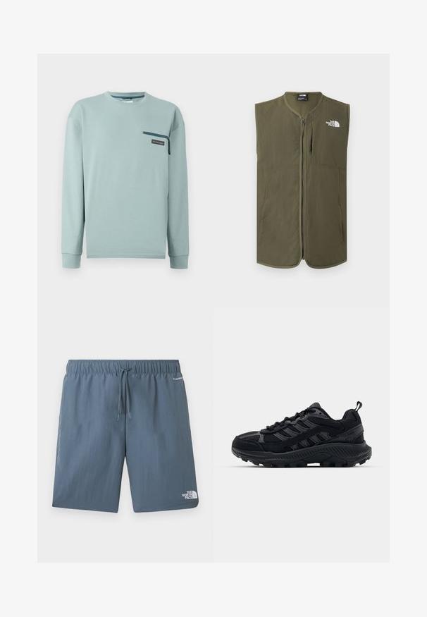 Αμάνικο γιλέκο σε ελιά πράσινο με φερμουάρ, στρογγυλή λαιμόκοψη και λευκό λογότυπο The North Face στο πάνω αριστερό μέρος του στήθους.; Ανοιχτό μπλε πουκάμισο μακρυμάνικο με στρογγυλή λαιμόκοψη και μικρή θήκη στο στήθος με φερμουάρ, με λογότυπο Columbia στη δεξιά πλευρά.; Μπλε σορτς με ελαστική μέση και κορδόνι, με το λογότυπο The North Face στο αριστερό πόδι και το κείμενο "FLASHDRY" κοντά στην δεξιά τσέπη.; Μαύρα αθλητικά παπούτσια με υφή από δίχτυ και σουέτ πάνω μέρος, ενισχυμένη μύτη και ανθεκτική σόλα. Διαθέτουν σχέδιο με κορδόνια και θηλιά για εύκολη φόρεση.