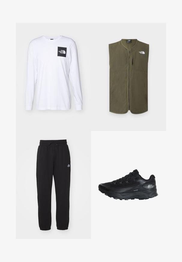 Ærmeløs olivengrøn vest med lynlås, rund krave og hvidt The North Face-logo på øverste venstre bryst.; Hvid langærmet t-shirt med sort firkantet logo, der står "The North Face" på venstre overarm.; Sorte sweatpants lavet af blødt stof, med en elastisk talje med snor, manchetter ved anklerne og et lille logo på det øverste lår.; Sort træningssko med en åndbar mesh-overdel, gummisål, teksturerede detaljer og forstærket tåspids for holdbarhed.