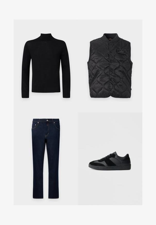Schwarze, gesteppte, ärmellose Weste mit Druckknöpfen, zwei vorderen Reißverschlusstaschen, geripptem Kragen und Alpha Industries Logoaufnäher auf der Brust.; Schwarzer Rollkragenpullover aus weichem Stoff, mit langen Ärmeln und einer taillierten Silhouette, die einen kleinen runden Akzent am Hals aufweist.; Dunkelblaue Jeans aus Denim mit geradem Bein, featuring goldenen Nähten, fünf Taschen und einem Knopfverschluss an der Taille.; Schwarze Sneaker aus einer Mischung von glattem Leder und Wildleder, mit einer strukturierten schwarzen Gummisohle und dezenten Streifendetails.