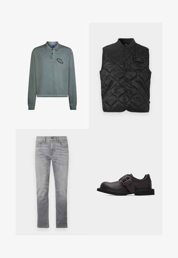 Must mustriline õhuke vest snap-kinnitustega, kahe eesmise tõmblukuga tasku, soonikkoeline krae ning Alpha Industriesi logo rinnal.; Pikkade varrukatega polosärk tuhmikas rohelises, millel on soonikust krae ja mansetid. Rinna kohal must tikand logo. Pehme, tekstuuriga kangas.; Hallid teksad sirgjoonelise lõikega, mis on varustatud viie tasku, nööpkinnituse ja tagasihoidliku pleekimisega.; Mustast nahast kleitjalats ümarate varvaste ja laia rihmaga, mille küljel on suur metallist pandl.