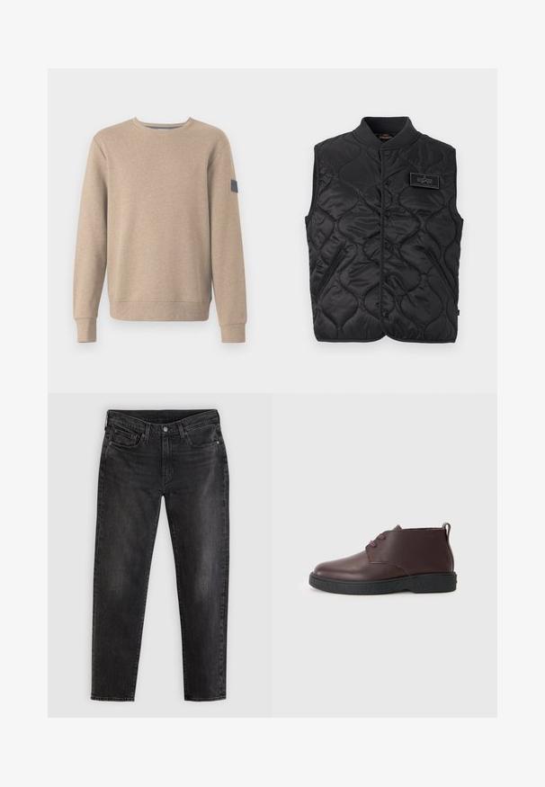 Veste matelassée noire sans manches avec boutons-pression, deux poches avant zippées, col côtelé, et écusson du logo Alpha Industries sur la poitrine.; TOM TAILOR STRUCTURED CREW NECK - Sweatshirt - palm cashmere structure; Jean noir à jambe droite avec fermeture à boutons, poches avant et passants pour ceinture, présenté à plat sur un fond gris clair.; Bottine en cuir bordeaux avec un bout rond, deux œillets pour les lacets, semelle noire texturée et une languette au talon.