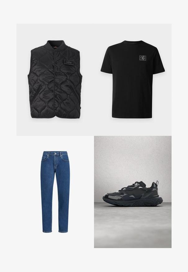 Chaleco negro acolchado sin mangas con botones a presión, dos bolsillos frontales con cremallera, cuello acanalado y parche con el logo de Alpha Industries en el pecho.; Camiseta negra de manga corta y cuello redondo con un pequeño parche bordado en blanco en el lado izquierdo del pecho que dice "desde París con amor, Karl xx."; Vaqueros de mezclilla azul con un corte recto, diseño de cinco bolsillos, costuras sutiles y un cierre de botón en la cintura.; Zapatilla de correr negra con parte superior texturizada, detalles suaves y suela gruesa con dibujo de ondas, diseñada para ofrecer comodidad y durabilidad.