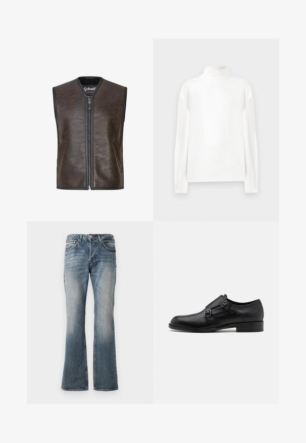 Samsøe Samsøe Weste - dark brown crackled; Weißes Langarm-Turtleneck-Oberteil mit glatter Textur, hoher Halslinie und abfallenden Schulternähten für eine lässige Passform.; Blaue ausgewaschene Jeans mit leicht ausgestelltem Bein, Fünf-Taschen-Design und Knopfverschluß an der Taille.; Schwarze Leder- Schnürschuhe mit doppelten Schnallen, schlanker Silhouette und runder Zehenpartie. Sie verfügen über einen niedrigen Absatz und eine glatte Textur.