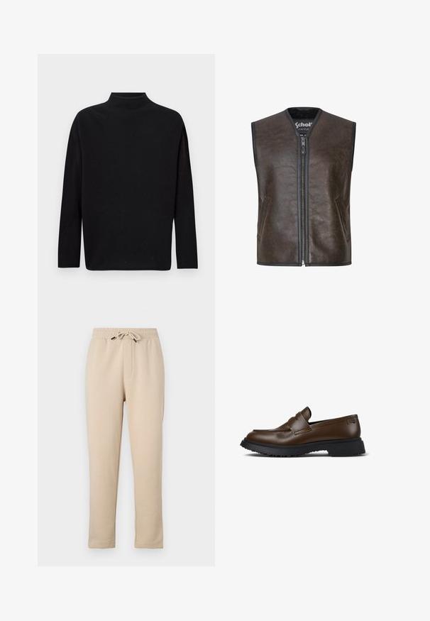 Samsøe Samsøe Vest - dark brown crackled; Sort turtleneck sweater, lavet af blødt strikket materiale, med lange ærmer, afslappet pasform og høj halsudskæring. Ingen synlige mønstre eller hardware.; Beige joggingbukser med elastisk taljebånd, justerbar snøring, to sidelommer og taperet ben design. Blød tekstur, afslappet stil.; Brune læder loafers med en glat finish, der har en stilfuld remdetalje og en tekstureret sort gummisål for godt greb.