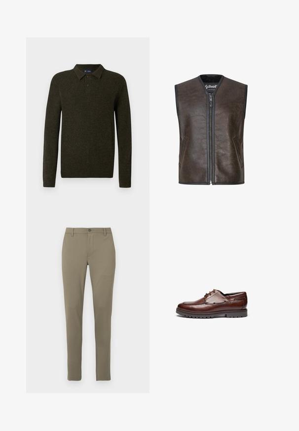 Samsøe Samsøe Chaleco - dark brown crackled; Suéter polo de manga larga verde con un acabado texturizado, tapeta de dos botones y puños acanalados. Diseño simple y clásico adecuado para uso informal.; Pantalones slim-fit en color caqui, hechos de una tela suave y lisa, con frente plano, pasadores para cinturón y cierre de botón único en la cintura.; Zapato de cuero marrón con punta redondeada, diseño de cordones, cuello acolchado y suela texturizada para mayor agarre. Costuras decorativas a lo largo de los lados.
