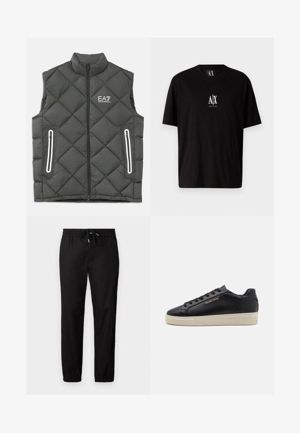Graue Pufferweste mit Rautensteppung, hohem Kragen, Frontreißverschluss, zwei seitlichen Taschen mit weißen Akzenten und EA7-Logo auf der Brust.; Schwarzes Baumwoll-T-Shirt mit kurzen Ärmeln, rundem Halsausschnitt und einem kleinen weißen Logo "A|X", das mittig auf der Brust platziert ist.; Schwarze Hose mit einem elastischen Bund und Kordelzug. Hat schmal zulaufende Beine mit elastischen Bündchen. Glattes, leichtes Material.; Schwarze Leder-Sneaker mit glatter Oberfläche, kontrastierender cremefarbener Sohle, abgerundeter Spitze, goldfarbenem Logo an der Seite und sechs Ösen für die Schnürsenkel.
