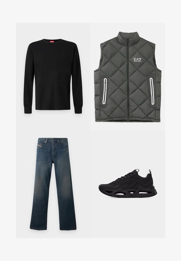 Chaleco acolchado gris con patrón de rombos, cuello alto, cremallera frontal, dos bolsillos laterales con acentos blancos y logo de EA7 en el pecho.; Camiseta negra de manga larga hecha de una tela suave, con un cuello redondo y un sutil logo negro en el pecho. Diseño liso, corte regular.; Jeans de mezclilla azul con un diseño de pierna recta, textura desgastada, dobladillo deshilachado y detalles desgastados en el bolsillo frontal y área del muslo.; Zapatilla deportiva negra con parte superior texturizada, diseño con cordones, lengüetas para tirar en la lengüeta y el talón, y una suela esculpida con detalles recortados.