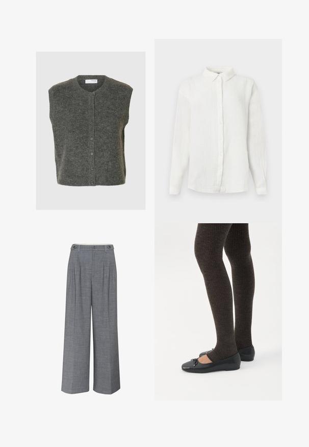 Grå ærmeløs cardigan lavet af blødt uld med rund halsudskæring, knapper foran og en tekstureret finish.; Hvid skjorte af krøllet stof med lange ærmer, spids krave og knapper foran, vist på en ensfarvet baggrund.; Grå bukser med bred benåbning lavet af tekstureret stof, der har dobbelt knaplukning og frontfolder for ekstra designdetaljer.; Ben iført mørke ribbede leggings kombineret med sorte balletsko med små sløjfedetaljer på hvid baggrund.