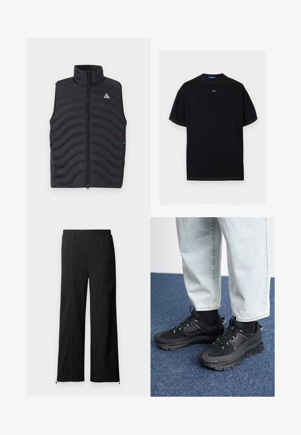 Zwarte gestikte mouwloze bodywarmer met ritssluiting aan de voorkant, hoge kraag en een klein driehoekig logo op de linkerborst.; Zwart T-shirt met korte mouwen, contrasterende witte stiksels, ronde hals en klein wit "ACW" logo, gecentreerd nabij de kraag.; Zwarte wijde broek met een soepele textuur, elastische tailleband en koordsluitingen bij de enkels. Heeft contrasterende stiksels.; Zwarte sportschoenen met gestructureerde stof en rubberen zolen, met elastische veters en een blauwe accent op de hiel. Draag samen met lichte spijkerbroeken.