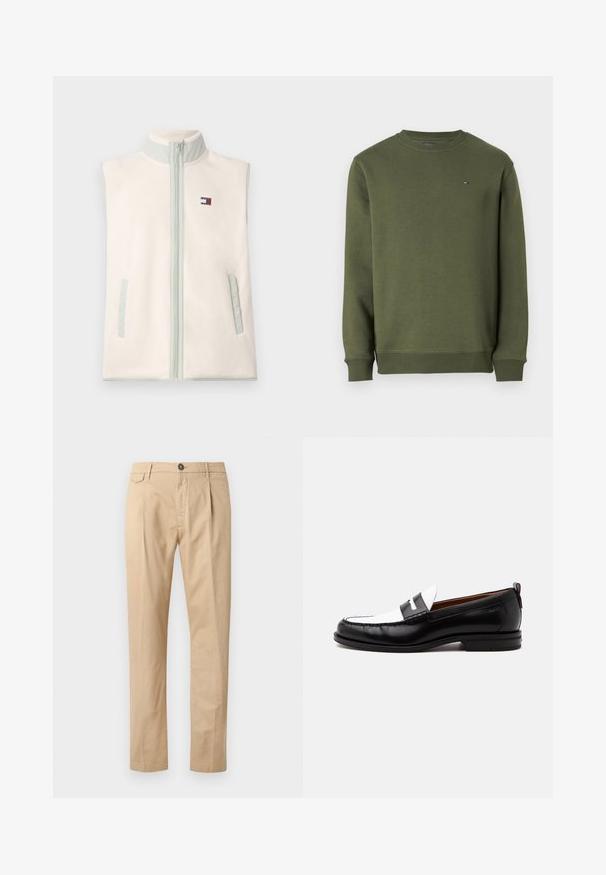 Gilet sans manches en polaire douce crème avec un col vert clair, fermeture éclair sur le devant et deux poches latérales. Présente un petit patch logo.; Sweatshirt vert olive à col rond avec des manches longues, des poignets et un ourlet côtes, et un petit logo de drapeau brodé sur la poitrine gauche.; Pantalons en coton beige à jambe droite pour homme, avec poches avant, passants de ceinture, fermeture à bouton et zip, sur fond blanc.; Mocassin en cuir noir et blanc avec des détails cousus, un petit talon et un design slip-on, présenté de profil sur un fond uni.