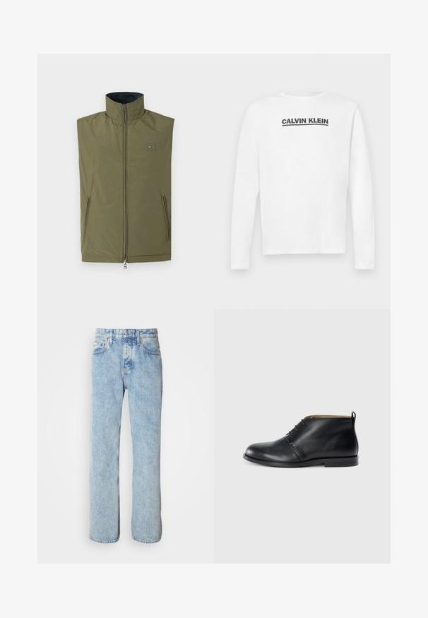Olivengrøn ærmeløs vest med høj krave, lynlås foran og sidelommer. Har et logo-patch på brystet. Glat tekstur.; Hvid langærmet skjorte lavet af bomuld, med et sort "CALVIN KLEIN" logo på tværs af brystet og rund halsudskæring. Glat tekstur.; Lyseblå denimjeans med lige pasform, fem-lomme design og synlige syninger. Klassisk talje med knaplukning.; Sorte læder ankelstøvler med en glat overflade, rund tå, minimal syning og en lav, holdbar sål.