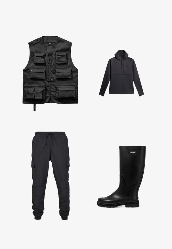 Schwarze Weste aus leichtem Stoff, ausgestattet mit sechs frontalen Taschen, einem Reißverschluss vorne und einem Knopfverschluss an der linken Schulter.; Schwarzer Pullover mit Kapuze, ausgestattet mit einem Viertel-Reißverschluss auf der Vorderseite, Raglanärmeln und einer mit Reißverschluss versehenen Brusttasche; glatte Textur und sportliches Design.; Schwarze Cargo-Hosen mit elastischem Bund und Kordelzug, ausgestattet mit seitlichen Taschen und gerippten Säumen. Hergestellt aus leichtem, strapazierfähigem Stoff.; Schwarzer Gummi-Regenstiefel mit glatter Textur, runder Zehenform und einem Logo-Patch. Verfügt über eine mittelhohe Schafthöhe und eine strukturierte Sohle für besseren Halt.
