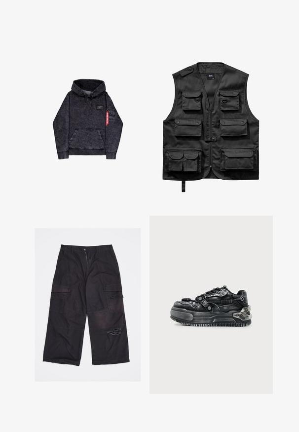 Sort vest lavet af letvægtsstof, med seks frontlommer, en lynlås foran og en knaplukning på venstre skulder.; Sort melange hoodie med kængurulomme, justerbar snor i hætten, logo-patch på brystet og sidelomme med rødt mærke.; Sorte cargobukser med vide ben og flere lommer samt et slidt hul på højre lår, lagt fladt på en hvid baggrund.; Sort chunky sneaker med tyk sål, snørebånd, teksturerede stropper og metal detaljer på hælen og siderne mod en lys baggrund.