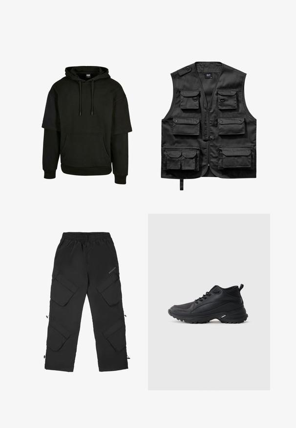 Gilet noir en tissu léger, doté de six poches frontales, d'une fermeture éclair à l'avant et d'une fermeture à bouton sur l'épaule gauche.; Haut à capuche noir avec poche kangourou, cordon de serrage, et manches courtes avec des éléments de design étendus. Fabriqué en tissu doux et texturé.; Pantalons cargo noirs en matériau léger et texturé. Dotés d'une taille élastique, de plusieurs grandes poches et de poignets ajustables.; Chaussures de sport noires en matériau synthétique. Dotées d'un col rembourré, d'un embout rond, d'une semelle extérieure robuste avec traction, et d'un détail avec le logo de la marque.