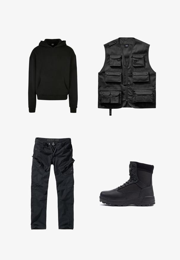 Gilet noir en tissu léger, doté de six poches frontales, d'une fermeture éclair à l'avant et d'une fermeture à bouton sur l'épaule gauche.; Sweatshirt à capuche noir fabriqué en tissu doux, avec une poche avant, des poignets côtelés et une coupe décontractée.; Pantalons cargo noirs en tissu durable, dotés de multiples poches, de fermetures éclair et d'une taille ajustable pour un confort et une utilité optimaux.; Botte tactique noire avec une tige en cuir lisse et des panneaux en tissu, design montante, fermeture à lacets à l'avant et semelle en caoutchouc robuste.