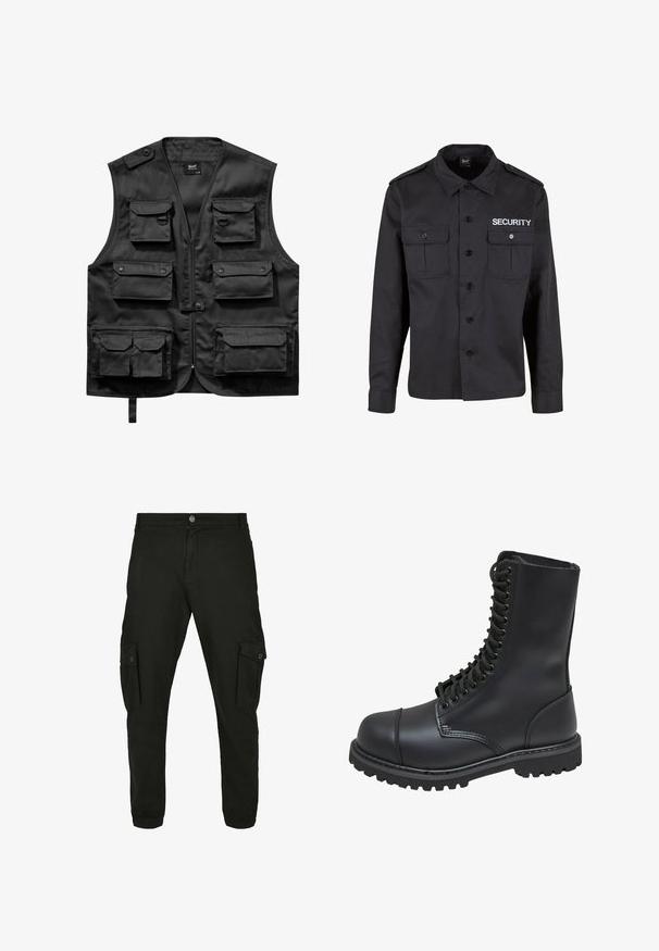 Schwarze Weste aus leichtem Stoff, ausgestattet mit sechs frontalen Taschen, einem Reißverschluss vorne und einem Knopfverschluss an der linken Schulter.; Schwarze Sicherheitsjacke aus Baumwollmischung, mit zwei Fronttaschen, Knopfverschluss und "SECURITY" in Weiß auf der Brust gedruckt.; Schwarze Cargo-Hosen aus Baumwollmischung, mit Seitentaschen, durchgehendem Knopfverschluss und schmal zulaufenden Knöcheln.; Schwarze Lederkampfstiefel mit hohem Schaft, Schnürung an der Vorderseite, gepolstertem Kragen und rutschfester, strukturierter Sohle für guten Halt. Mit verstärkter Zehenkappe.