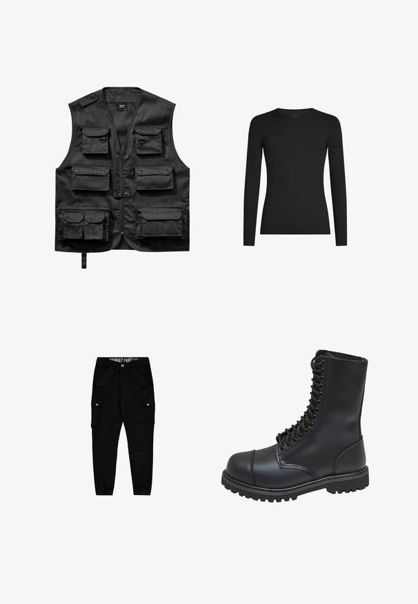 Schwarze Weste aus leichtem Stoff, ausgestattet mit sechs frontalen Taschen, einem Reißverschluss vorne und einem Knopfverschluss an der linken Schulter.; Schwarzes, langärmeliges, figurbetontes T-Shirt mit Rundhalsausschnitt und dezentem Icebreaker-Logo auf dem linken Ärmel, dargestellt vor weißem Hintergrund.; Schwarze Cargo-Hosen aus Baumwolle, mit mehreren Taschen, einer taillierten Passform und elastischen Bündchen an den Knöcheln.; Schwarze Lederkampfstiefel mit hohem Schaft, Schnürung an der Vorderseite, gepolstertem Kragen und rutschfester, strukturierter Sohle für guten Halt. Mit verstärkter Zehenkappe.