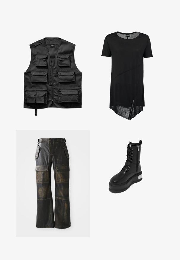 Zwarte vest van lichtgewicht stof, met zes voorzakken, een ritssluiting aan de voorkant en een knoopsluiting op de linkerschouder.; Zwart T-shirt met korte mouwen en ronde hals, asymmetrische zoom, doorschijnende textuur en een zijrits detail. Zacht, lichtgewicht stof.; Zwarte leren cargobroeken met een versleten textuur, voorzien van grote zijzakken, een hoge taille en contrasterende stiksels over de naden.; Zwarte faux leren gevechtslaars met een chunky platform, voorzien van een vetersluiting, ritssluiting en een metallic accent op de hak.