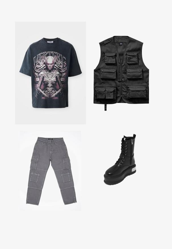 Chaleco negro de tela ligera, con seis bolsillos frontales, una cremallera frontal y un cierre de botón en el hombro izquierdo.; Camiseta gráfica negra de algodón, con un gran diseño en rosa y blanco de una figura humanoide con detalles intrincados y el texto "VERTERE."; Pantalones cargo grises con una tela ligeramente texturizada, que cuentan con múltiples bolsillos laterales, un dobladillo con cremallera y un cierre de botón en la cintura.; Botín de combate de imitación de cuero negro con una plataforma gruesa, que presenta un cierre de cordones en la parte frontal, cierre de cremallera y un acento metálico en el tacón.