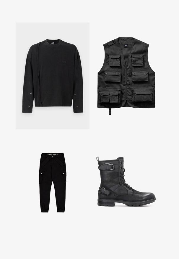 Schwarze Weste aus leichtem Stoff, ausgestattet mit sechs frontalen Taschen, einem Reißverschluss vorne und einem Knopfverschluss an der linken Schulter.; Schwarzer Pullover mit langen Ärmeln und Rundhalsausschnitt, mit einem dezenten Logo auf der Vorderseite und Druckknopfdetails an den Ärmeln, aus weichem Stoff gefertigt.; Schwarze Cargo-Hosen aus Baumwolle, mit mehreren Taschen, einer taillierten Passform und elastischen Bündchen an den Knöcheln.; Kazar HEARD - Cowboy-/Bikerstiefelette - black