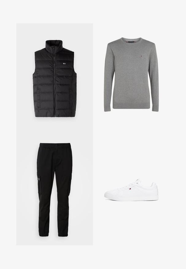 Sort puffer vest med høj krave, fuld frontlynlås, vandret syet mønster og sidelommer. Logo på venstre bryst.; Grå crewneck sweater lavet af blødt stof, med lange ærmer, ribstrikkede manchetter og kant, samt et lille broderet logo på brystet.; Sorte cargo-bukser med elastisk talje, knaplukning, to sidelommer og to cargo-lommer. Glat stof med en afslappet pasform.; Hvide sneakers lavet af syntetisk læder med flad sål, rund tå og seks snørrehuller. Har et lille logo på siden.