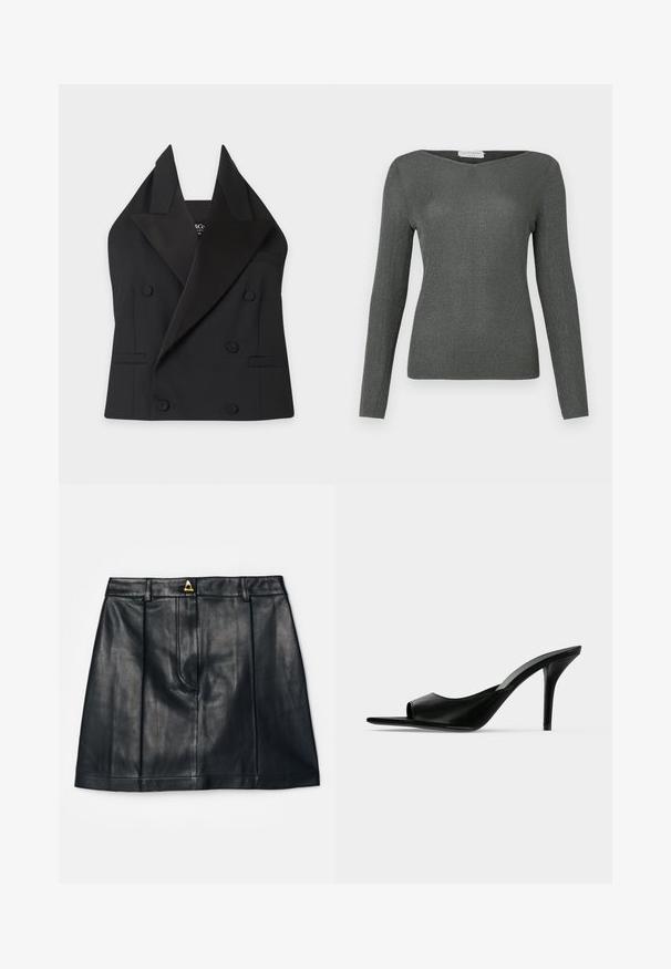Blazer negro sin mangas de doble botonadura con solapas anchas y detalles de botones, mostrado plano sobre un fondo claro.; Top de manga larga y con canalé en gris oscuro con un brillo sutil, que presenta un escote amplio de barco y una silueta ajustada.; AERON RUDENS SKIRT - Falda acampanada - black; Mule de piel negra con punta abierta y tacón alto de aguja fino, mostrado de perfil sobre un fondo liso.
