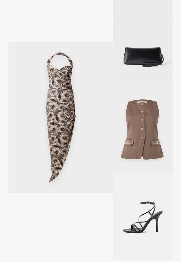 Ærmeløs brun vest med fem knapper foran og to broderede lommer med klap i taljen, skræddersyet pasform med firkantet halsudskæring.; Halter neck fitted kjole med grå og beige store blomsterprint, rynkede sider og asymmetrisk kant.; Sort højhælet sandal med tynde stropper, en ankelspænde, en glat læderoverflade og en slank stilethæl.; Sort glat læder clutch taske med tyndt håndledsrem, rektangulær form og diskret præget logo centreret foran.