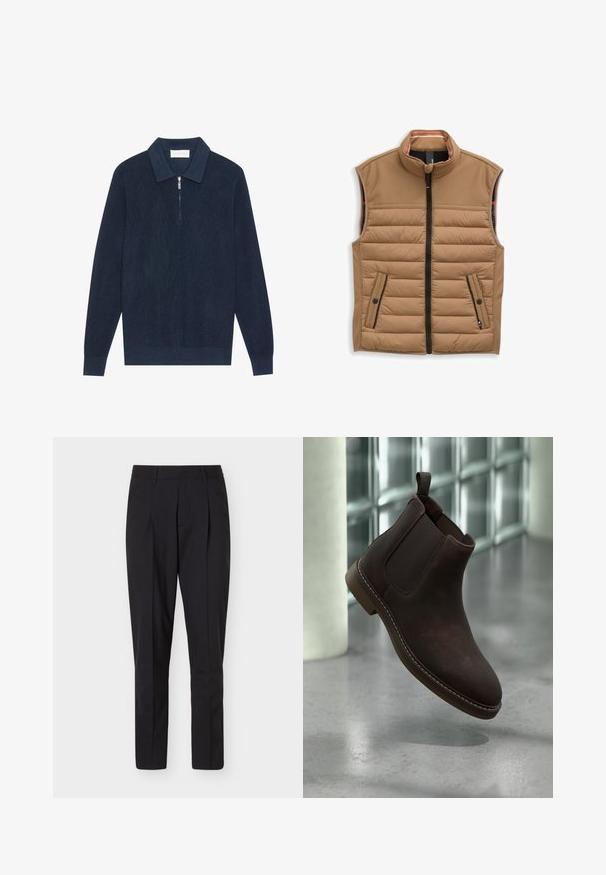 Brun puffer vest med høj krave, fuld lynlås og to forlommer med sorte accenter. Lavet af vatteret stof med en glat tekstur.; Mørk marineblå strikket langærmet polo shirt med ribbet tekstur og en kort sølv lynlås ved kraven.; Sorte slim-fit formelle bukser med bæltestropper og frontfold, vist mod en hvid baggrund.; Brun læder Chelsea-støvle med elastiske sidepaneler og træk-flig, flydende over et poleret betongulv nær en væg af glasblokke.