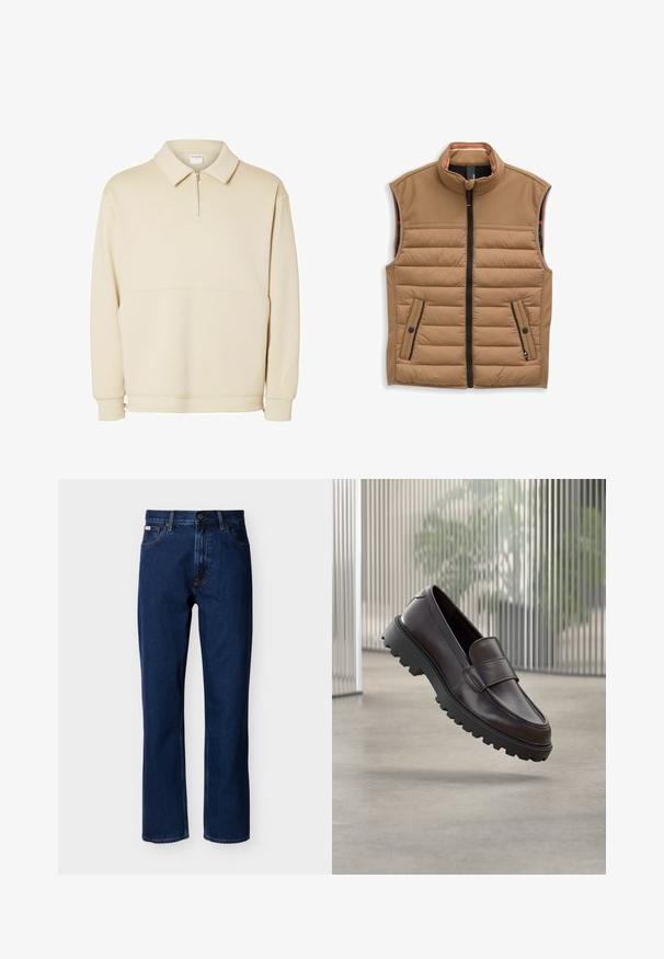 Pruun puffer vest, millel on kõrge krae, täispikk lukk ja kaks eesmist taskut mustade aktsentidega. Valmistatud tikitud kangast, millel on sile tekstuur.; Beige pullover särk pehmest kangast, millel on lukuga kaelus, krae ja vabalt langev lõige koos lihtsa horisontaalse õmbluse detailiga.; Tumesinised sirge säärega teksapüksid denimist, klassikalise viie tasku disainiga, peente õmblustega ja ees nuppudega sulgemisega.; Pruun nahast libisemistükkidega jalanõu ümarate varvaste ja tugeva musta kummist taldadega. Kaunistatud rihmaga üle ülakeha.