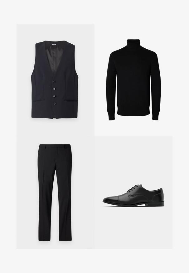 Gilet noir ajusté avec un décolleté en V profond, fermeture à cinq boutons et deux poches latérales. Tissu lisse avec un design élégant et minimaliste.; Pull noir à col roulé manches longues avec poignets et bas côtelés, présenté sur un fond blanc uni.; Pantalons noirs ajustés avec une coupe droite, présentant une texture lisse, un devant plissé et une taille classique pour un look formel.; Chaussure habillée en cuir noir avec un bout arrondi, texture lisse, six œillets et une semelle noire basse. Présente une couture discrète sur le bout.