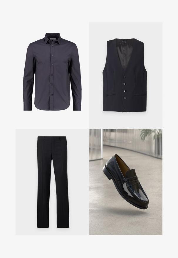 Gilet noir ajusté avec un décolleté en V profond, fermeture à cinq boutons et deux poches latérales. Tissu lisse avec un design élégant et minimaliste.; Chemise à manches longues bleu marine foncé en coton doux, dotée d'un devant boutonné, d'un col classique et d'une coupe ajustée.; Pantalons noirs ajustés avec une coupe droite, des plis marqués et une finition lisse. Fabriqués en tissu léger avec une taille nette.; Mocassin en cuir verni noir avec un accent cousu, bout rond, petit talon et surface lisse, présenté sur un fond neutre.