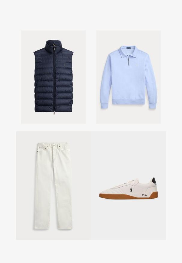 Marineblauwe doorgestikte mouwloze bodywarmer met hoge kraag en rits aan de voorkant, met een klein geborduurd logo op de borst.; Lichtblauw poloshirt met lange mouwen, halve ritssluiting aan de voorkant, kraag en klein geborduurd logo op de linkerborst.; Witte denimjeans met een rechte pasvorm, voorzien van vijf zakken, metalen knopen en stiksels langs de naden. Gladde textuur.; Witte lage sneaker met een bruine rubberen zool, zwart Polo Ralph Lauren-logo aan de zijkant en de tekst "RL" op het hielgedeelte.