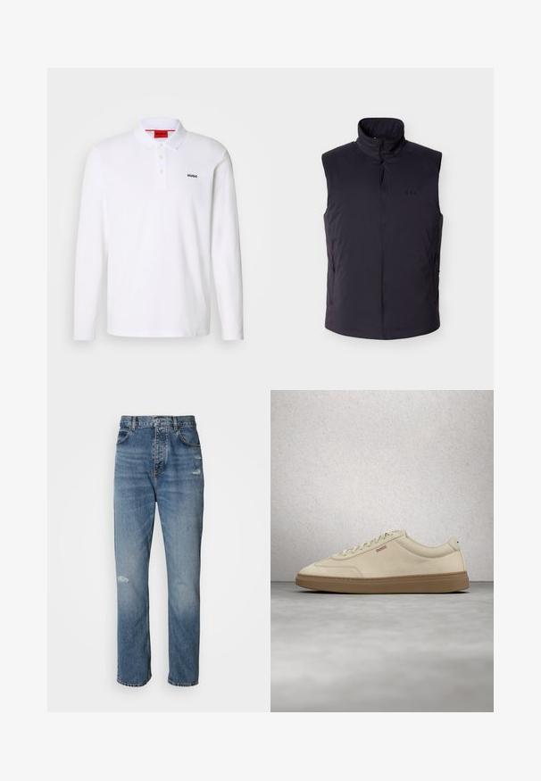 Chaleco acolchado sin mangas de color negro con cuello alto, cremallera frontal, bolsillos laterales con cremallera y logo sutil en el pecho izquierdo.; Camisa polo blanca de manga larga hecha de algodón con cuello, tapeta de tres botones y el logo negro "HUGO" en el lado izquierdo del pecho.; Jeans de mezclilla de color azul claro con un diseño de pierna recta, que cuentan con un cierre de botón y cremallera, cinco bolsillos y detalles deshilachados cerca de la rodilla.; Zapatilla de ante beige claro con suela de goma color caramelo, cordones prominentes y detalles de costura sutiles. Diseño limpio con una estética minimalista.