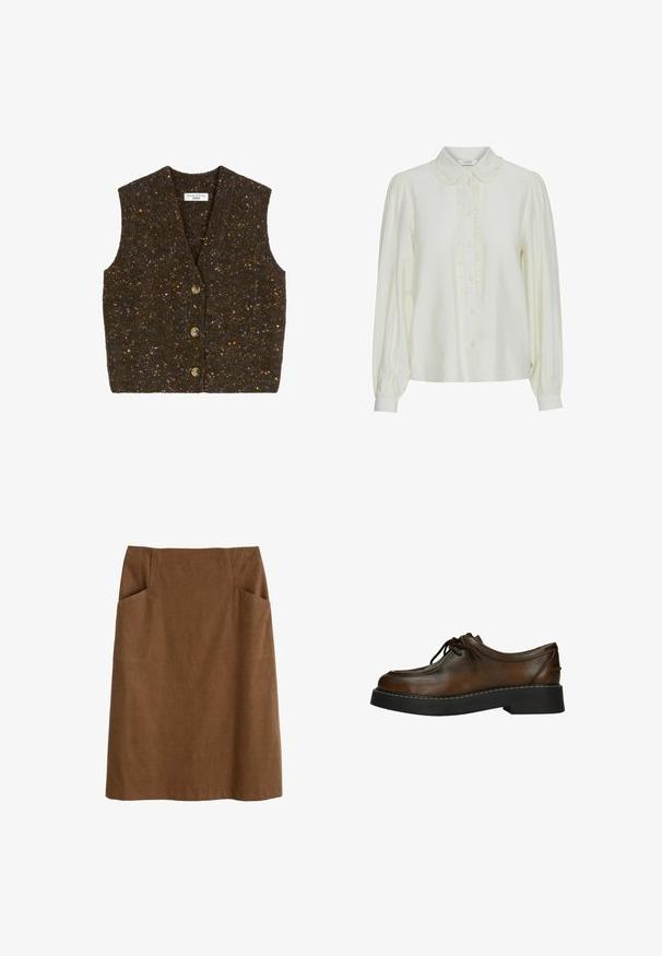 Bruin vest gemaakt van getextureerde stof met kleurrijke spikkels. Heeft een V-hals, mouwloos, en een knoopsluiting aan de voorkant. Ontworpen om te combineren in lagen.; Crèmekleurige blouse met een gerimpelde kraag, sluiting met knopen aan de voorkant, lange pofmouwen en een zachte, gestructureerde stof. Elegante en minimalistische uitstraling.; Bruine katoen rok met een aansluitende taille, twee zijzakken en een rechte snit. De stof heeft een zachte textuur en een subtiele glans.; Bruine leren schoen met een ronde neus, gevlochten ontwerp en een dikke zwarte rubberen zool. Kenmerkt zich door contrasterende stiksels langs de zool.