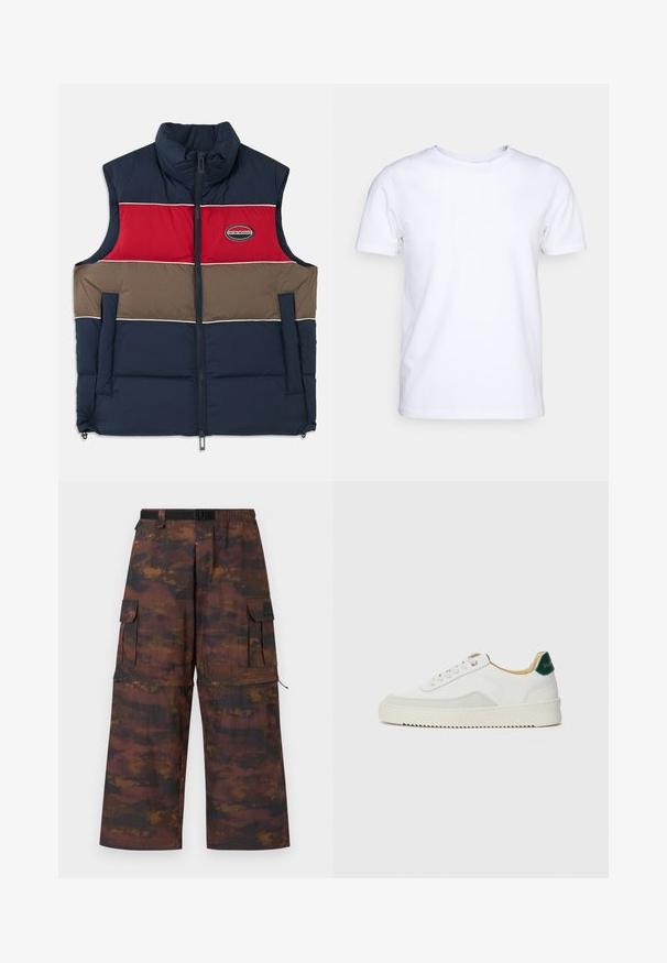 Chaleco sin mangas acolchado con cuello alto. Diseño a bloques de color en azul marino, rojo y marrón con parche de logo y cierre de cremallera en la parte delantera.; Camiseta blanca de manga corta en tejido de algodón con cuello redondo. Diseño simple sin patrones ni acentos. Textura suave.; Pantalones cargo en un tejido marrón texturizado con un patrón abstracto desgastado. Presentan piernas anchas, cinturilla elástica y múltiples bolsillos.; Zapatilla blanca con acentos de ante, puntera redondeada, cordones planos y suela de goma color crema. Presenta un logo verde en el talón.