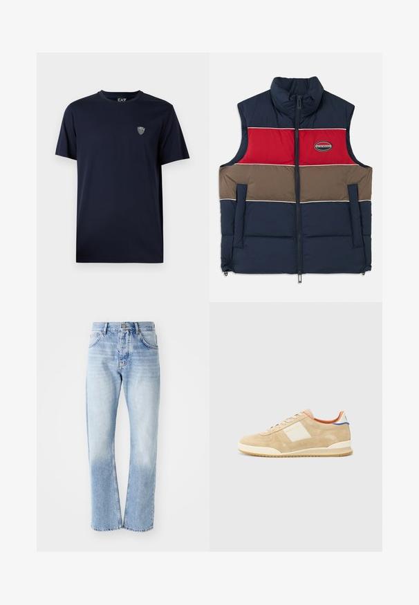 Chaleco sin mangas acolchado con cuello alto. Diseño a bloques de color en azul marino, rojo y marrón con parche de logo y cierre de cremallera en la parte delantera.; Camiseta de algodón azul marino con cuello redondo, mangas cortas y un pequeño logo de EA7 en el pecho, textura suave, diseño casual.; Jeans de mezclilla azul claro con corte recto. Presenta un diseño de cinco bolsillos, cierre de botón y una textura deslavada hacia la parte inferior.; Zapatillas de ante beige con acentos blancos, punta redonda, diseño con cordones y suela texturizada, con un logo sutil en el lateral y en el talón.