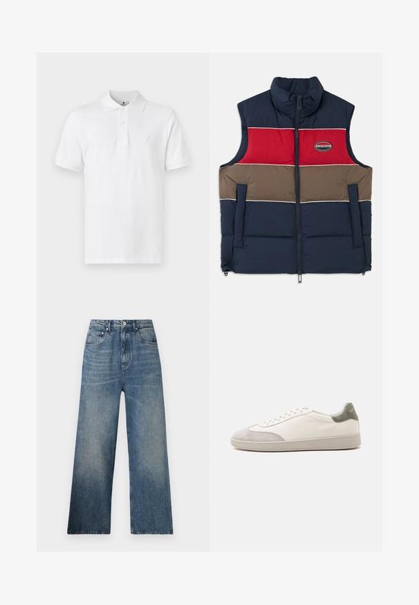 Chaleco sin mangas acolchado con cuello alto. Diseño a bloques de color en azul marino, rojo y marrón con parche de logo y cierre de cremallera en la parte delantera.; Camiseta polo blanca de algodón, con un cuello clásico, mangas cortas y un sutil logo bordado en el pecho.; Jeans de mezclilla azul de pierna ancha con cintura alta, que presentan un desgaste sutil, cinco bolsillos y un cierre de botón metálico en la parte delantera.; Zapatilla blanca de caña baja con detalles de ante gris claro en la puntera y el talón, cordones blancos y una suela plana beige, vista desde el lado exterior.