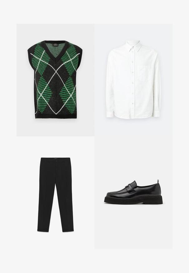 Pull sans manches noir avec un motif losange vert et blanc, des rayures texturées, un col en V et des bords côtelés.; Chemise blanche à manches longues avec boutons, en tissu léger. Présente une poche poitrine, un col classique et une texture subtile.; Pantalon noir en tissu lisse, à coupe ajustée, avec devant plat, deux poches latérales et une fermeture à bouton à la taille.; Chaussures en cuir noir de style mocassin avec une semelle plate et texturée, présentant un bout piqué et une sangle traversant le cou-de-pied.
