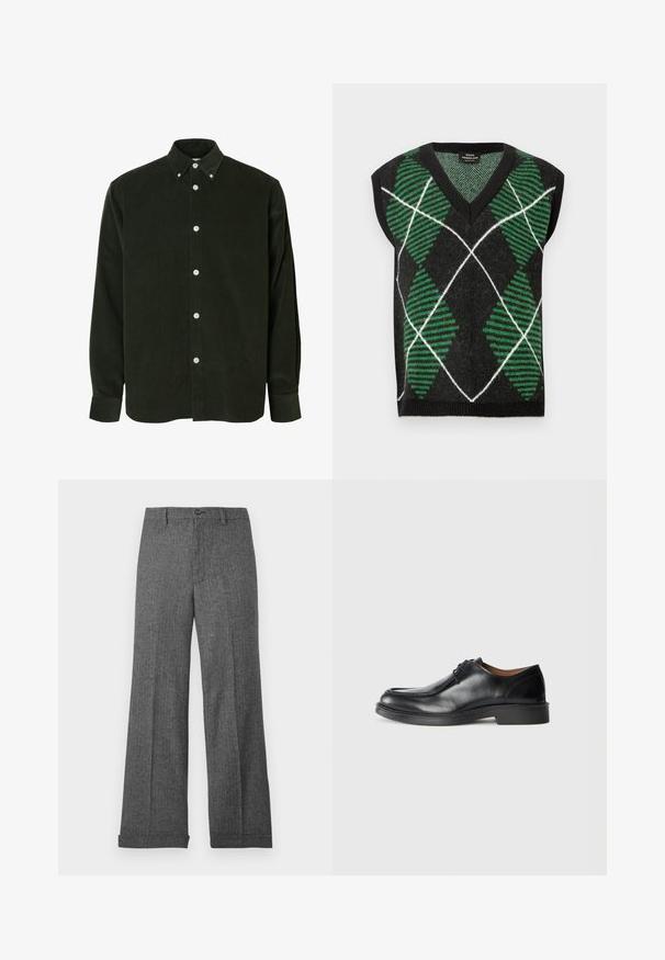 Sort ærmeløs sweater med et grønt og hvidt diamantmønster med teksturerede striber, V-hals og ribbet kant.; Mørkegrøn fløjlsbluse med lange ærmer, hvide knapper og krave med knapper, vist mod en hvid baggrund.; Grå bukser med vidde i benene, lavet af struktureret stof med et subtilt mønster, med frontknaplukning og opsmøgede manchetter.; Sorte lædersko med rund tå, glat overflade, snøre detaljer og en lav, tekstureret gummisål. Rene linjer og minimalistisk design.