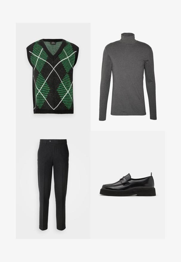 Sort ærmeløs sweater med et grønt og hvidt diamantmønster med teksturerede striber, V-hals og ribbet kant.; Grå langærmet turtleneck-skjorte lavet af blødt stof, med en tætsiddende design og minimale stitching-detaljer omkring halsen og manchetterne.; Lindbergh Bukser - black melange; Sorte læder loafersko i stil med flad, tekstureret sål, med en syet tå og en rem over vristen.
