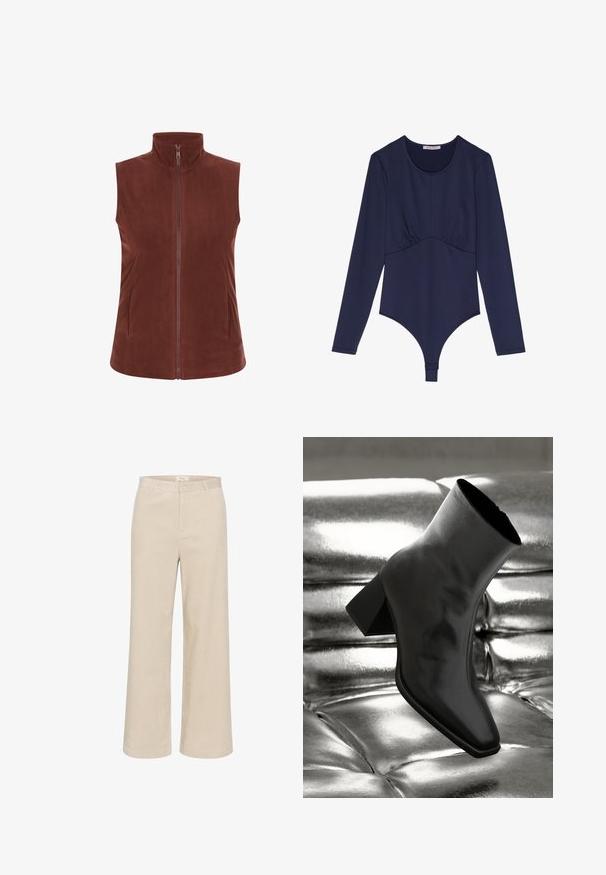 Bruine fleec vest met een hoge kraag en een ritssluiting aan de voorkant. Voorzien van twee zijzakken, een gladde textuur en een getailleerde silhoeët.; Marineblauwe long-sleeve bodysuit met een ronde halslijn, plooidetail bij de taille en een thong-stijl onderkant. Zachte, rekbare stof.; Beige wijde corduroy broek met een subtiele ribbelstructuur, riemlussen, voorrits en twee zijzakken.; Zwarte enkellaarsjes van glanzend materiaal met een vierkante neus en taps toelopende hak, afgezet tegen een glanzende zilveren gecapitonneerde achtergrond.