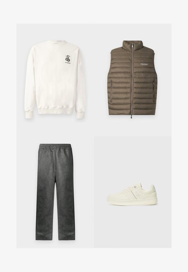 Chaleco sin mangas acolchado marrón con cremallera frontal y dos bolsillos con cremallera, con la marca Armani Exchange en la parte superior izquierda del pecho.; Sudadera blanca de algodón con cuello redondo, puños y dobladillo acanalados, que presenta un gráfico de serpiente negra y el texto "HAN KJØBENHAVN" en el pecho.; Pantalones de chándal grises, livianos y con una textura suave, con cinturilla elástica y bolsillos laterales, diseñados para la comodidad con un corte recto.; Zapatilla color crema con detalles perforados, cordones y logotipo en el lateral, exhibida sobre un fondo blanco liso.