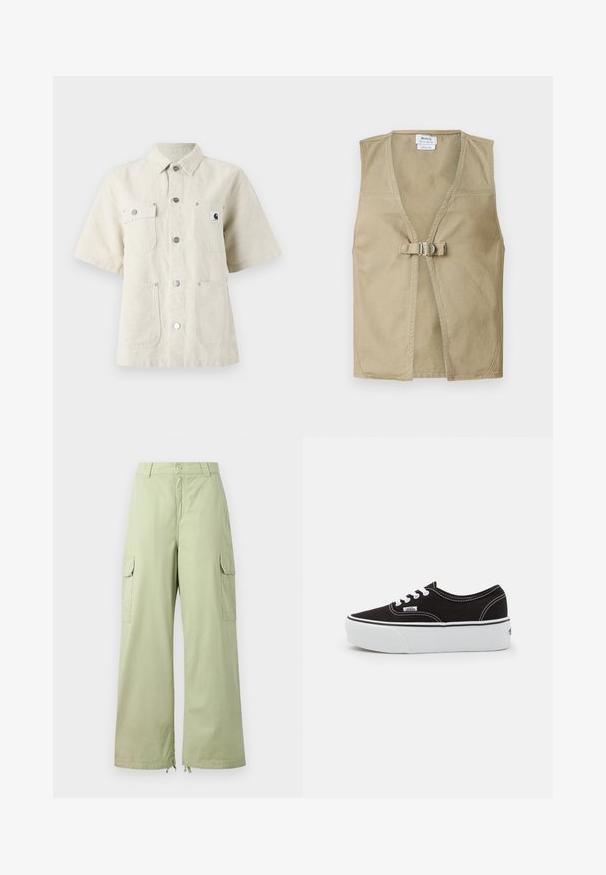 Beige ærmeløs vest lavet af holdbart stof, med en dyb V-hals, frontlukning med spænde og et rent, minimalisk design.; Kortærmet skjorte i lys beige stof, med spidse kraver, frontknapper, to brystlommer og et lille logomærke på venstre side.; Lysegrønne cargo bukser med brede ben, lavet af bomuld. Har to sidelommer og knaplukning. Glat tekstur og afslappet design.; Sort lærred sneakers med en hvid gummi platform sål, der har hvide snørebånd og syninger, ikonisk branding på siden, lav-top design.