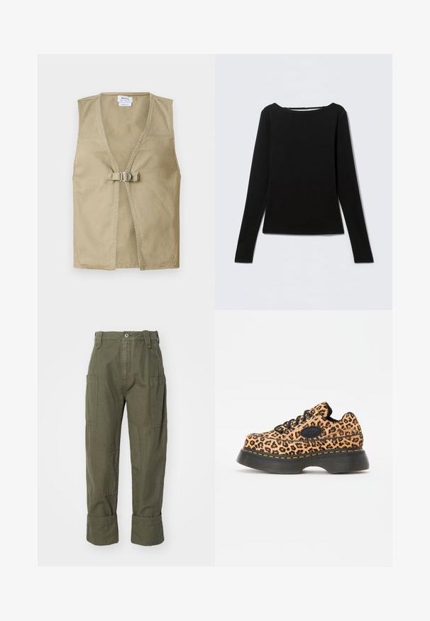 Beige ærmeløs vest lavet af holdbart stof, med en dyb V-hals, frontlukning med spænde og et rent, minimalisk design.; Sort tætsiddende top med lange ærmer og rund halsudskæring, lagt fladt ud på en lys grå baggrund.; Oliven grønne cargo-bukser lavet af bomuld, med flere lommer, et lige ben-design og opviklede manchetter ved anklerne.; Sneakers med leopardmønster og platform, sorte snørebånd, tekstureret materiale og gule syninger på en tykk sort gummisål.