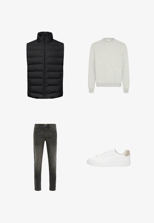 Schwarze Steppweste mit hohem Kragen, frontalem Reißverschluss und horizontalem Steppmuster. Sie hat eine glatte Textur und keine sichtbaren Hardwareakzente.; Grau Baumwoll-Sweatshirt mit Rundhalsausschnitt, gerippten Bündchen und Saum. Aus einem glatten, strukturierten Stoff ohne Muster oder Verzierungen.; Dunkelgraue Denim-Jeans mit einem verblassten Finish, fünf Taschen-Design und Knopfverschluss. Leicht taillierte Beinform mit sichtbaren Nähten.; Weißer Sneaker mit niedrigem Schaft, Schnürvorderseite, glattem Lederobermaterial, hellbeiger Fersenzunge und flacher Gummisohle.