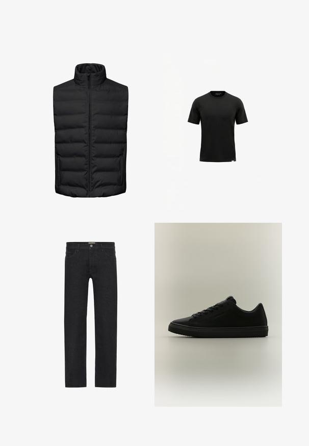 Zwarte puffer vest met hoge kraag, vooraan met rits en horizontaal gestikt patroon. Heeft een gladde textuur en geen zichtbare hardwareaccenten.; Zwarte T-shirt met korte mouwen en ronde hals, met een klein label genaaid vlakbij de onderzoom, op een witte achtergrond.; Zwarte recht-toe-rechtaan jeans van denim, met een knoopsluiting in de taille, vijf zakken en een minimalistisch ontwerp zonder zichtbare patronen.; Zwarte lage sneaker met veters aan de voorkant en een getextureerde zool, weergegeven op een neutrale achtergrond in zijaanzicht.